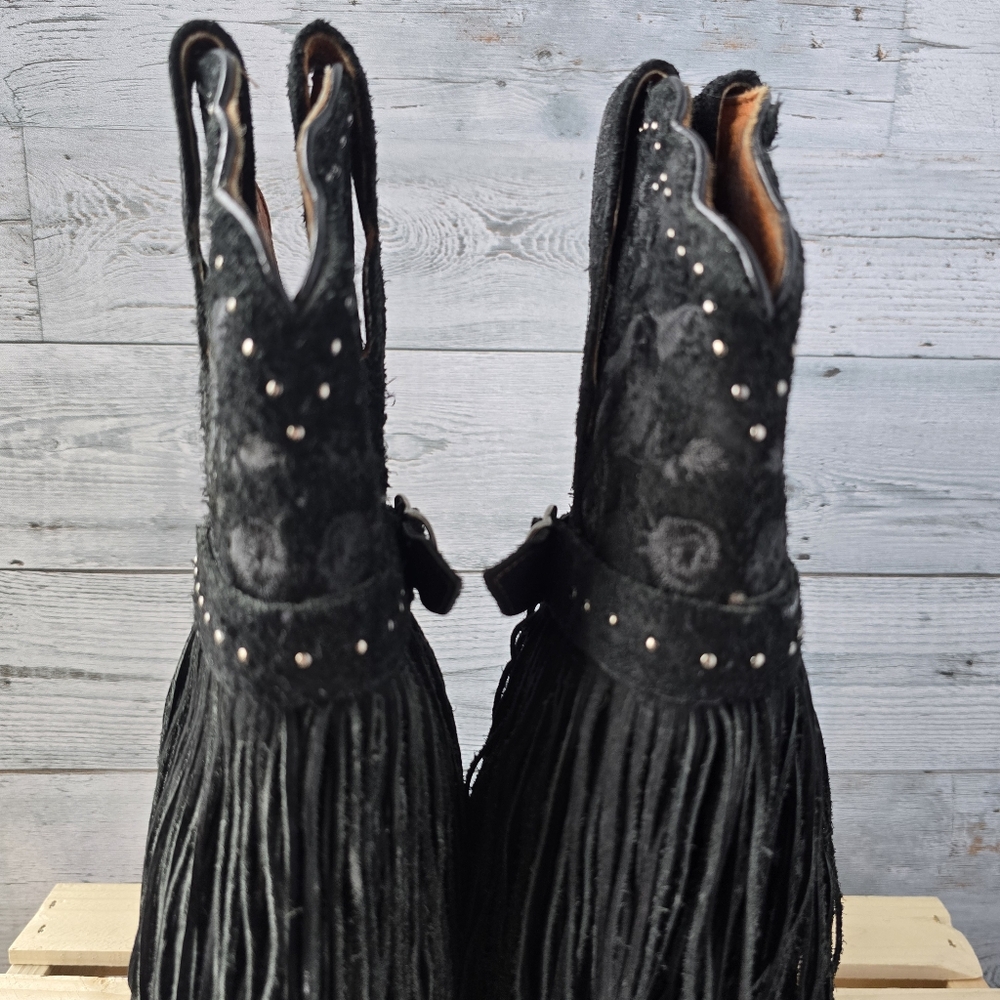 Dan Post Mid Calf Suede Leather Fringe Western Black Boots Size 6 - Picture 12 of 16